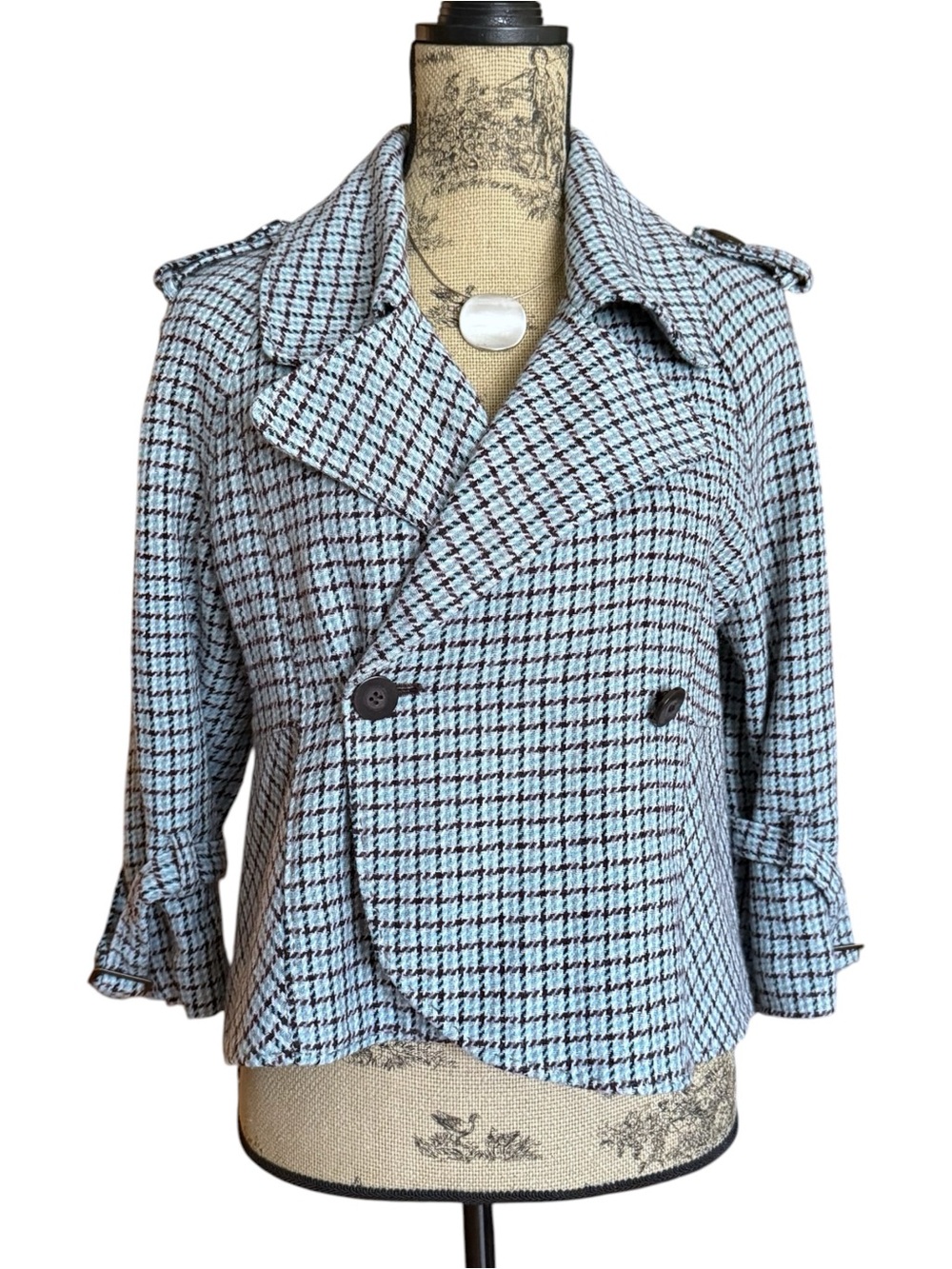 Y2K Le Château Light Blue Houndstooth Double-Breasted Peacoat Jacket Size M